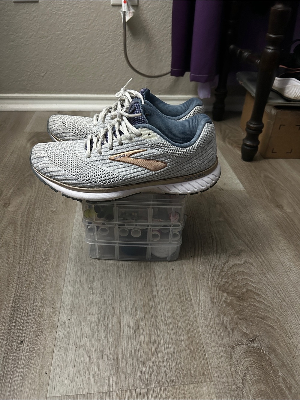 Brooks Light Gray and Navy Running Shoes with Rose Gold Logo